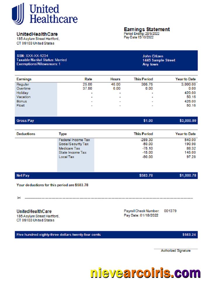 USA UnitedHealthCare managed care company pay stub